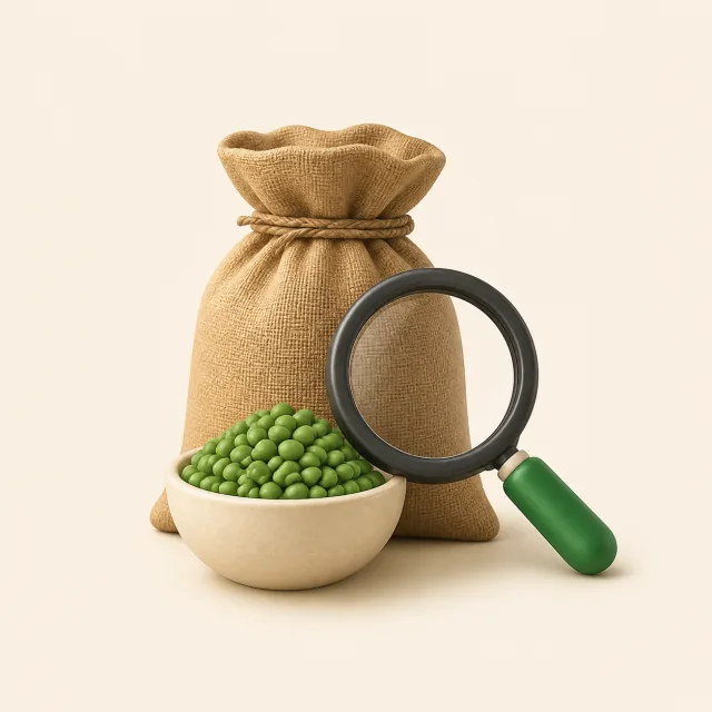 Commodity sack, pulses and magnifying glass