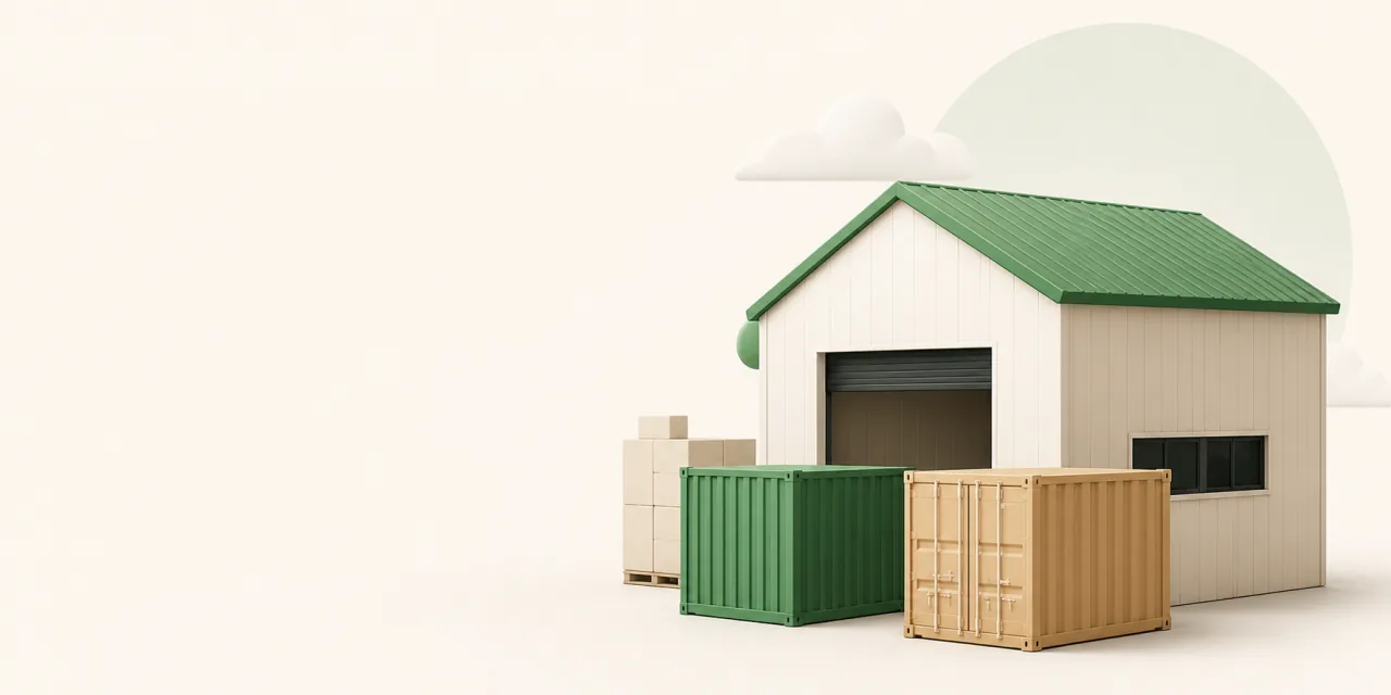 Warehouse with green and sand shipping containers