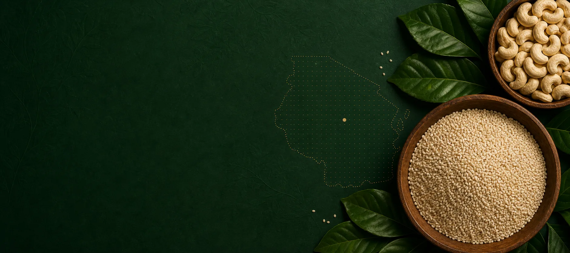Tanzanian cashews and sesame beside a sourcing map of Tanzania